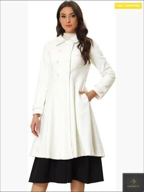 Elegant Long Pea Coat Classic Lapel Collar Double Breasted Winter Swing A-Line